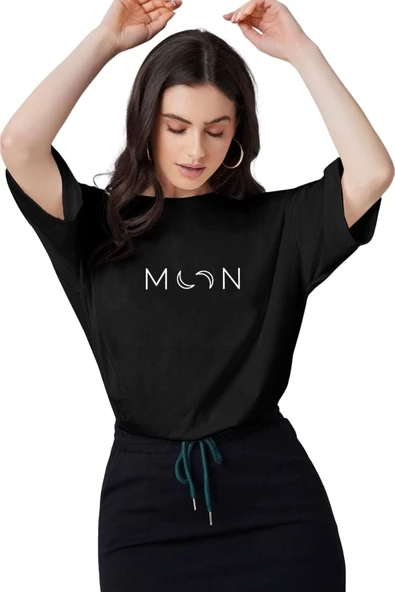 Kadın Siyah Moon Baskılı Oversize T-shirt ürün görseli 1