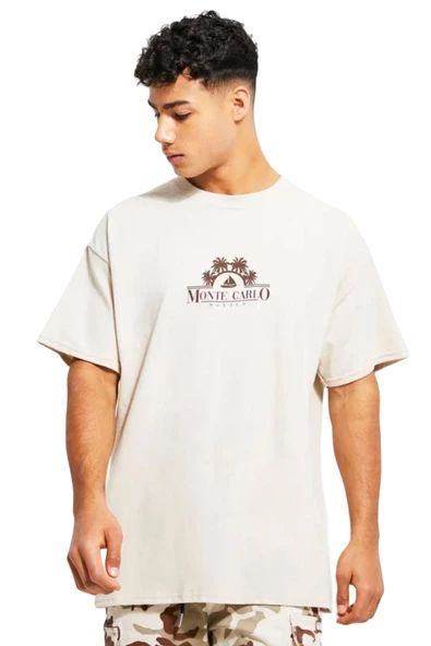 Erkek Bej Monte Carlo Baskılı Oversize Tshirt ürün görseli 1