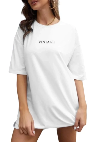 Kadın Beyaz Vintage Baskılı Oversize T-shirt ürün görseli 1