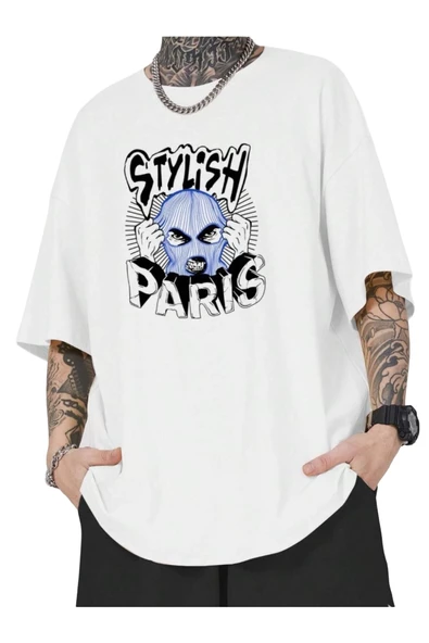 Erkek Beyaz Stylish Baskılı Oversize T-shirt ürün görseli 1