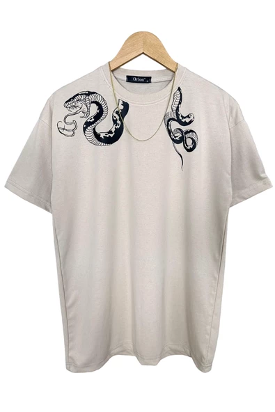 Erkek Yılan Baskılı Oversize Bisiklet Yaka T-Shirt ürün görseli 1