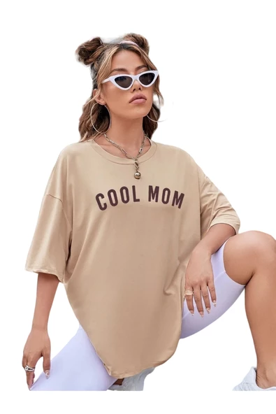 Kadın Cool Mom Baskılı Oversize Bisiklet Yaka T-shirt ürün görseli 1