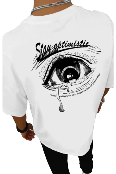 Erkek Beyaz Stay Göz Baskılı Oversize T-shirt ürün görseli 1