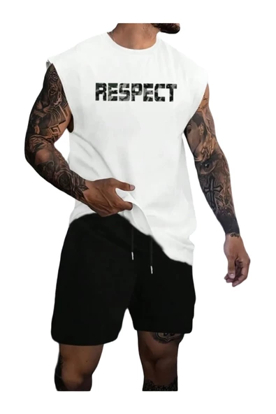 Erkek Beyaz Respect Baskılı Kolsuz T-shirt Şort Takım ürün görseli 1