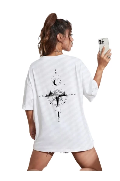 Kadın Pusula Sırt Baskılı Oversize T-shirt ürün görseli 1