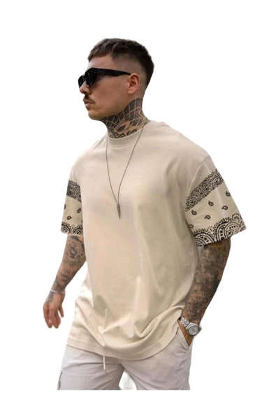 Erkek Duman Gri Kol Desenli Oversize T-shirt ürün görseli 1