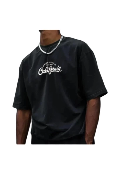Erkek Siyah Göğüs California Baskılı Oversize T-shirt ürün görseli 1