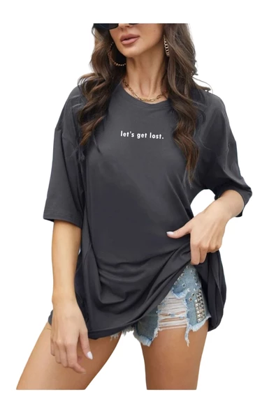 Kadın Beyaz Lets Get Lost Baskılı Oversize T-shirt ürün görseli 1