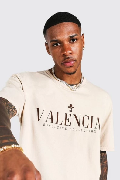 Erkek Bej Valencia Baskılı Oversize Tshirt - Resim 3