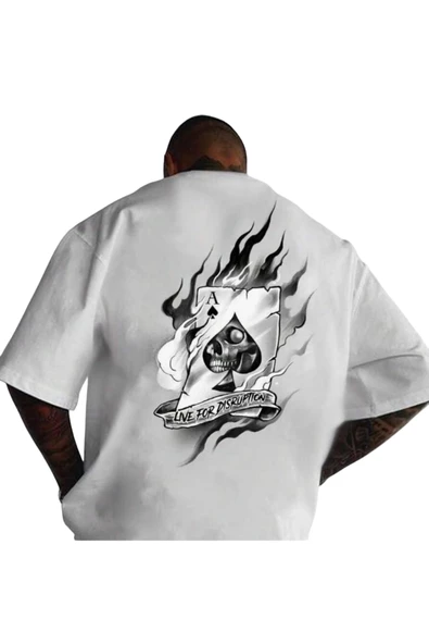 Erkek Beyaz Maça Kızı Baskılı Oversize T-shirt ürün görseli 1