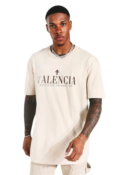 Erkek Bej Valencia Baskılı Oversize Tshirt ürün görseli 1