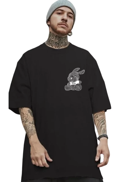 Erkek Siyah Çizgi Tavşan Baskılı Oversize T-shirt ürün görseli 1