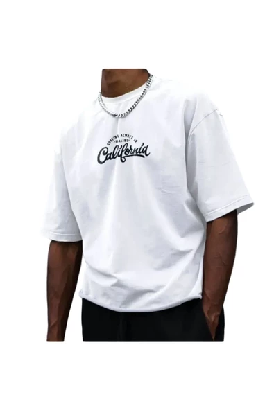 Erkek Göğüs California Baskılı Oversize Bisiklet Yaka T-shirt ürün görseli 1