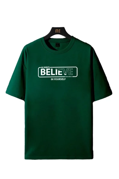 Erkek Yeşil Always Believe Baskılı Oversize T-shirt ürün görseli 1