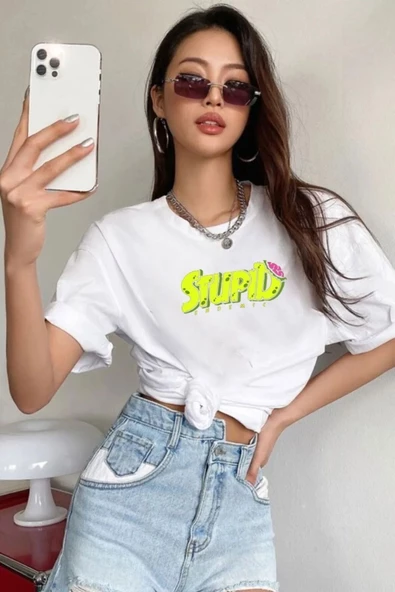 Kadın Stupid Baskılı T-shirt - Resim 4