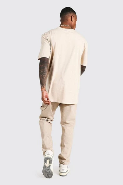 Erkek Bej Valencia Baskılı Oversize Tshirt - Resim 2