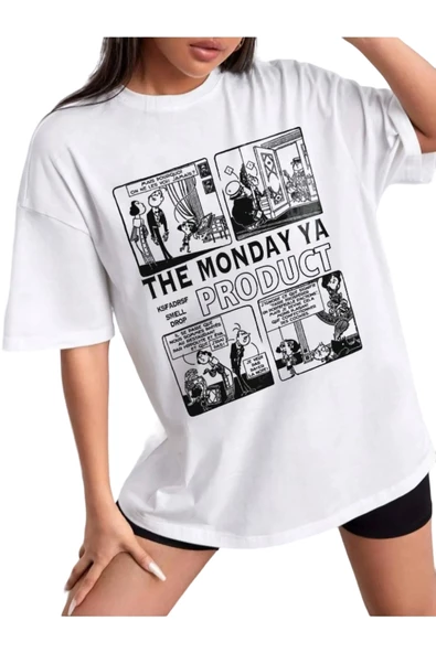 Kadın Beyaz The Monday Baskılı Oversize T-shirt ürün görseli 1
