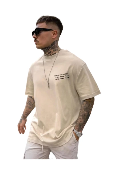 Erkek Faith Over Baskılı Oversize T-shirt ürün görseli 1