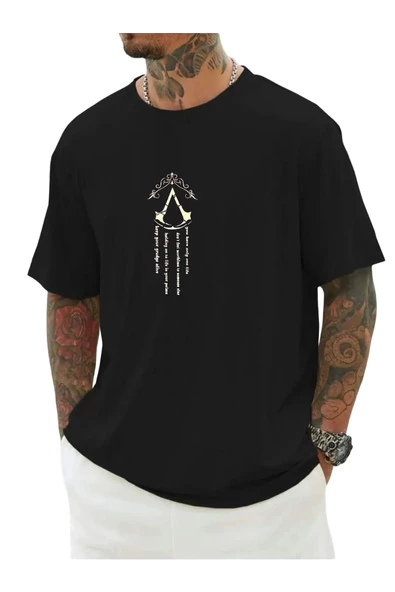 Erkek Siyah V Dikey Baskılı Oversize Bisiklet Yaka T-shirt ürün görseli 1