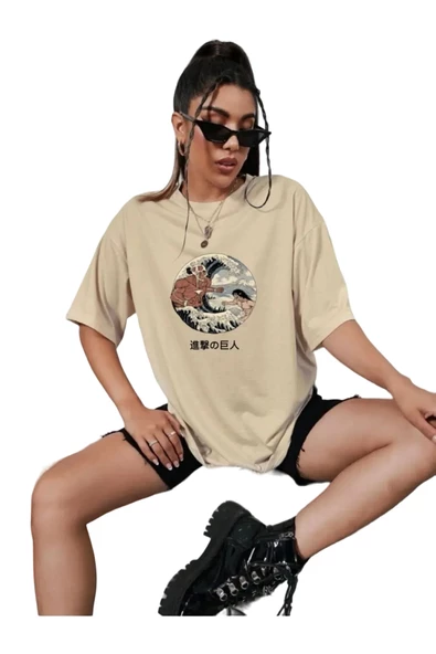 Unisex Bej Ön Yuvarlak Baskılı Oversize Tshirt ürün görseli 1