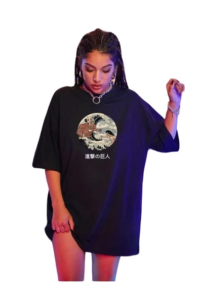 Unisex Siyah Ön Yuvarlak Baskılı Oversize Tshirt ürün görseli 1