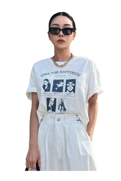 Unisex Beyaz Time For Happiness Baskılı Bisiklet Yaka Oversize T-shirt ürün görseli 1
