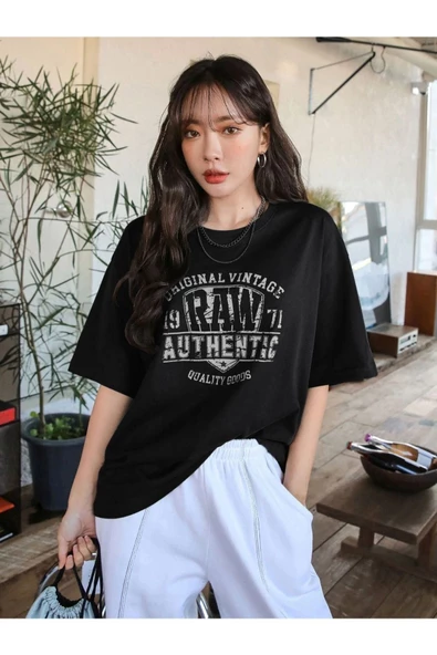 Unisex Raw Baskılı Oversize T-shirt - Resim 4