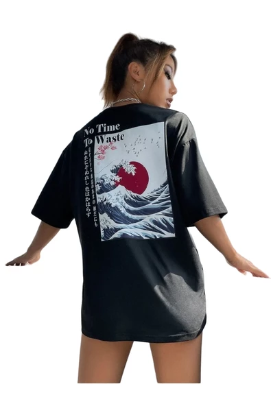 Unisex Siyah Dalga Sırt Baskılı Oversize Tshirt ürün görseli 1