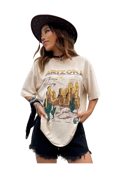 Unisex Bej Arizona Baskılı Oversize Bisiklet Yaka T-shirt ürün görseli 1