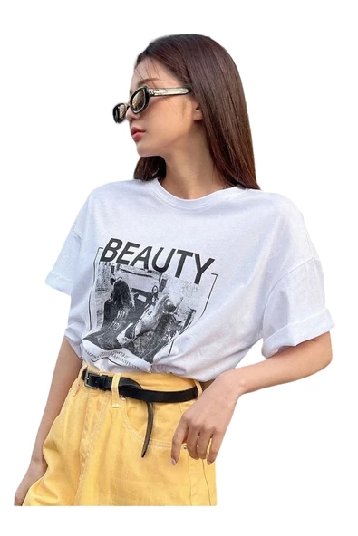 Unisex Beyaz Beauty Baskılı Oversize Bisiklet Yaka T-shirt ürün görseli 1