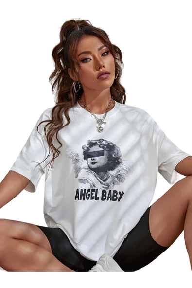 Unisex Beyaz Angel Baby Baskılı Oversize T-shirt ürün görseli 1
