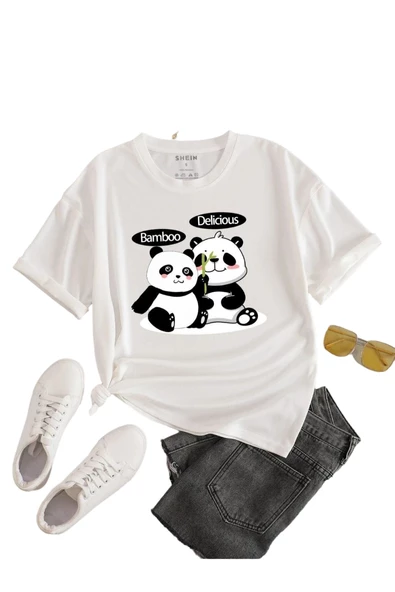 Unisex Beyaz Bamboo Panda Baskılı Oversize Bisiklet Yaka T-Shirt ürün görseli 1