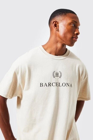Unisex Bej Barcelona Baskılı Oversize Tshirt - Resim 3
