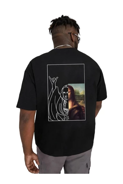Unisex Siyah Monalisa Baskılı Oversize T-shirt ürün görseli 1