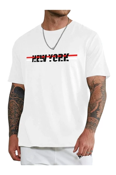Unisex Beyaz New York Baskılı Oversize Tshirt ürün görseli 1