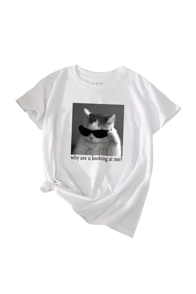 Unisex Kedi Gözlük Baskılı Oversize T-shirt ürün görseli 1