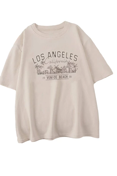 Unisex Bej Los Angeles Baskılı Oversize T-shirt ürün görseli 1