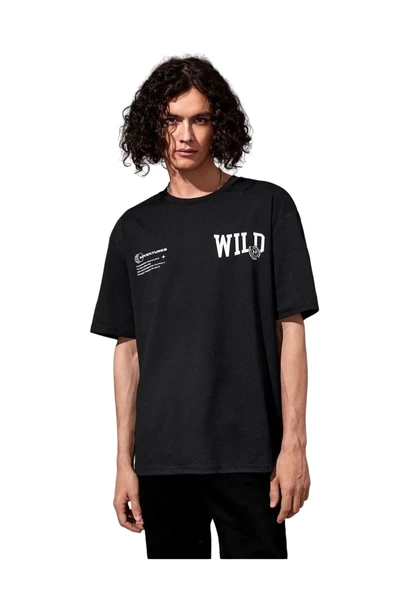 Unisex Siyah Wild Göğüs Baskılı Oversize Tshirt ürün görseli 1