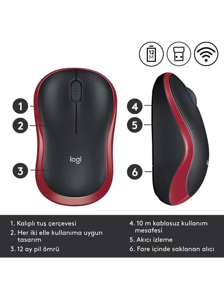 Logitech M185 910-002237 Kırmızı Optik Kablosuz Mouse - Resim 3