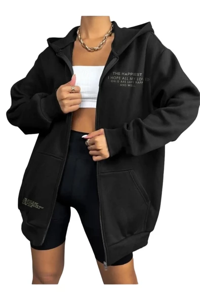 Unisex Siyah Happiest Baskılı Ince Mevsimlik Kapşonlu Oversize Hırka ürün görseli 1