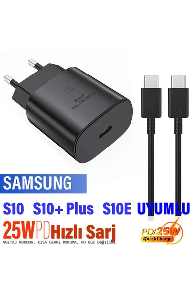 Samsung S10 S10E S10+ Plus Uyumlu Şarj Aleti ve Kablosu 25W HIZLI Şarj Type C Kablo ürün görseli 1