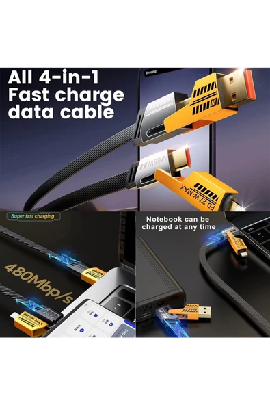 Çoklu Şarj Kablosu USB Type-C iPhone iPad Lightning 4 in 1 Şarj ve Data Kablosu 65W ürün görseli 1