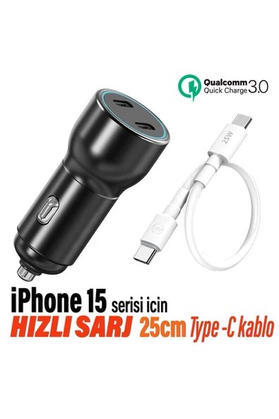 Hızlı Araç Şarj Aleti iPhone 15 15 Pro 15 Pro Max Uyumlu - Araba Şarjı Cihazı ve 25cm Kablo ürün görseli 1