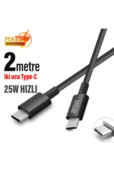 2 Metre Type C Şarj Kablo Uzun Hızlı Şarj Çift Taraflı Type-c - Type-c 25w Pd Şarj Kablo 200cm ürün görseli 1
