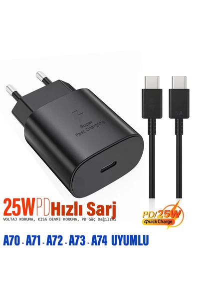 Samsung A70 Uyumlu HIZLI Şarj Aleti ve 25W HIZLI Type-C 5A Hızlı Şarj Kablo ürün görseli 1