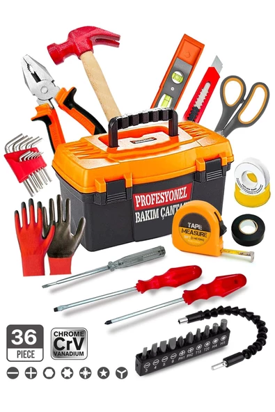 Premium 36 Pcs Full Takım El Aleti Kiti Pense,3 Metre,Çekiç,Yıldız,Düz,Tornavida,Eldiven Tamir Kiti ürün görseli 1