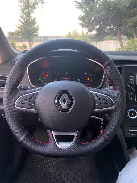 Renault Megane 4 İcon Araca Özel Direksiyon Kılıfı (Nokta Karbon Kırmızı İp) ürün görseli 1