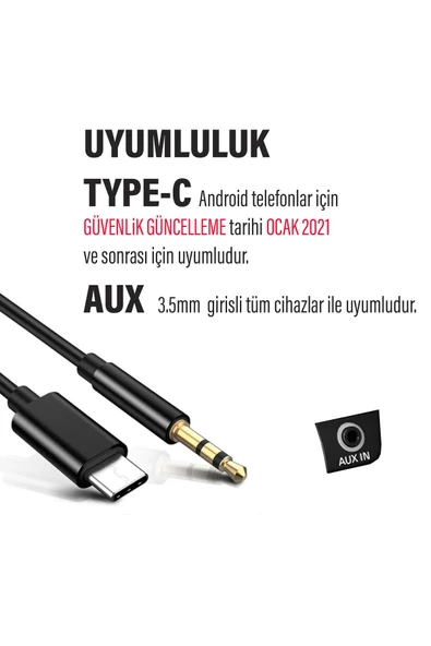 Araba Type-C AUX Kablosu Type-C Ses Çıkışlı Android Telefon Uyumlu - Resim 2
