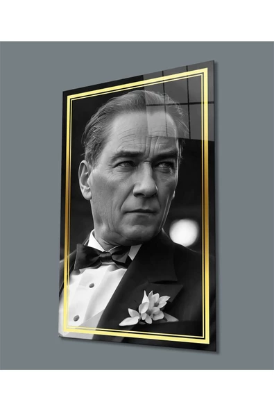 AlpiLeo Gold Şerit Siyah Beyaz Atatürk Yapay Zeka Alp Özel Cam Tablo, Hediyelik ürün görseli 1