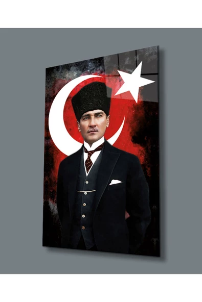 AlpiLeo Atatürk Ve Türk Bayrağı Uv Baskılı Alp Özel Cam Tablo, Ev Ve Ofis Duvar Dekoru ürün görseli 1